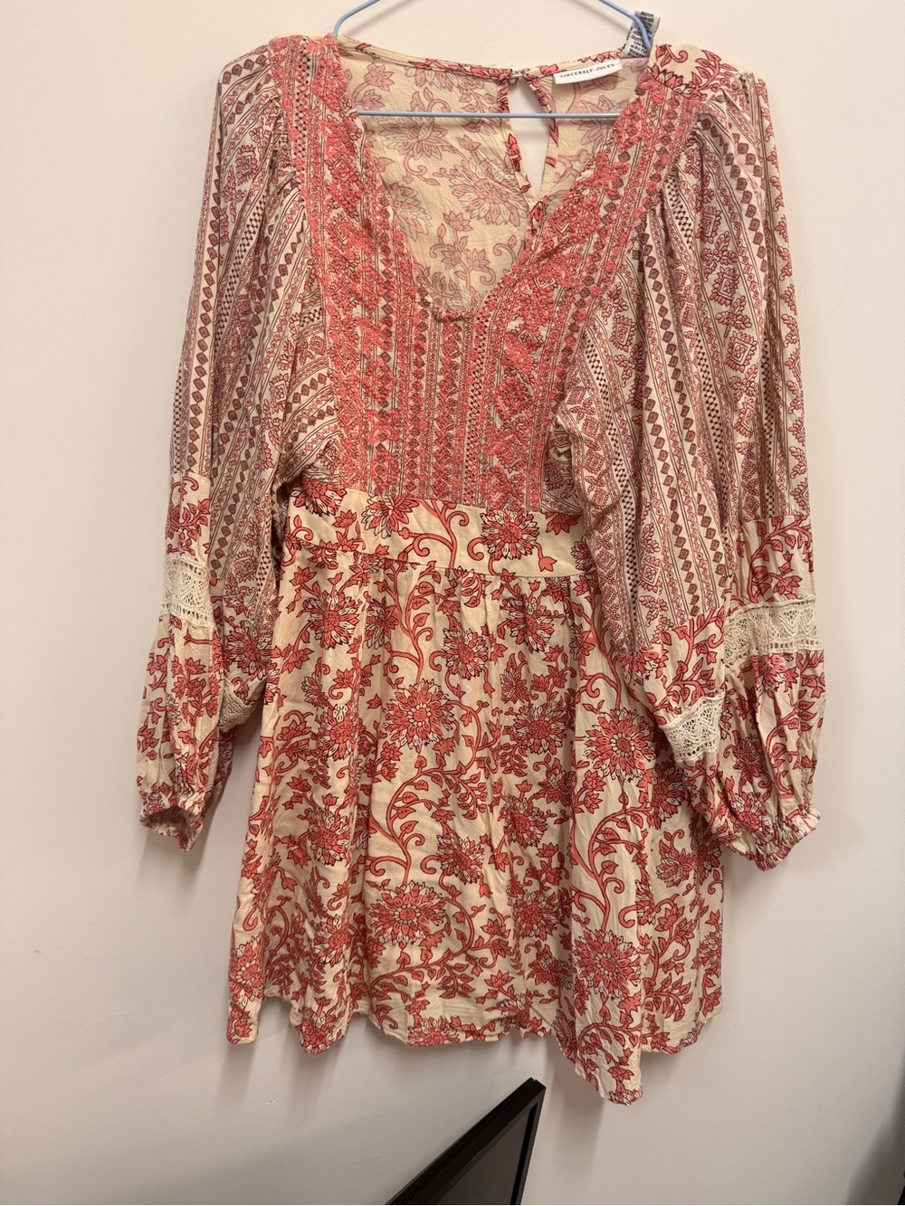 Sincerely Jules Red and Cream Floral Lace-Trim Mini Dress